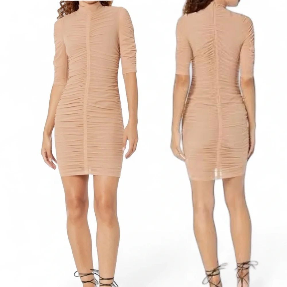 Black Halo Women's Meadow Mini Ruched Mesh Bodycon Honey Beige CLUB Dress 4 - Picture 4 of 6